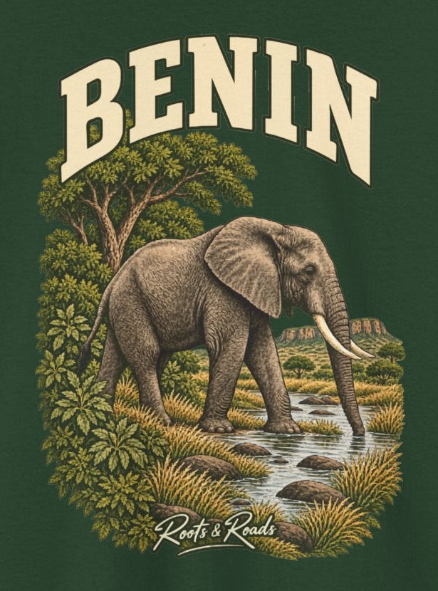 Print detail on Forest Green cotton showing BENIN lettering, an elephant, a stream, savanna plants and Roots & Roads signature.