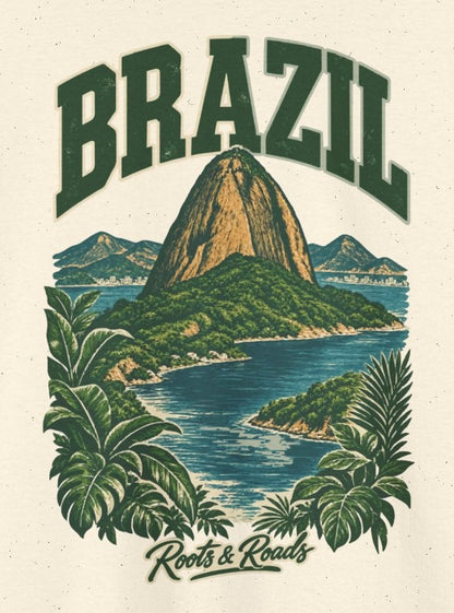 Print detail on Natural cotton showing BRAZIL lettering, a Sugarloaf-inspired mountain, bay water, tropical foliage and Roots & Roads signature.