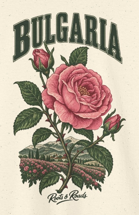 Print detail on Natural cotton showing BULGARIA lettering, pink roses, green leaves, cultivated flower rows, valley hills and Roots & Roads signature.