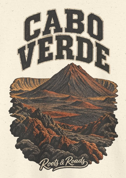 Print detail on Natural cotton showing CABO VERDE lettering, a Fogo-inspired volcanic cone and dark lava terrain, with Roots & Roads script.