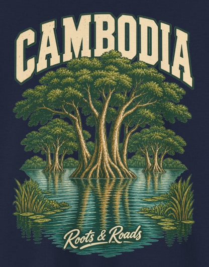 Print detail on Navy cotton showing CAMBODIA lettering, a broad-canopied tree and smaller flooded trees reflected in teal water, with Roots & Roads script.