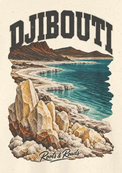Print detail on Natural cotton showing dark DJIBOUTI lettering, pale salt formations, teal lake water, volcanic ridges and Roots & Roads script.