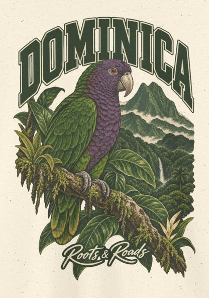 Print detail on Natural cotton showing green DOMINICA lettering, a purple-and-green Sisserou parrot, rainforest leaves, misty mountains and Roots & Roads script.
