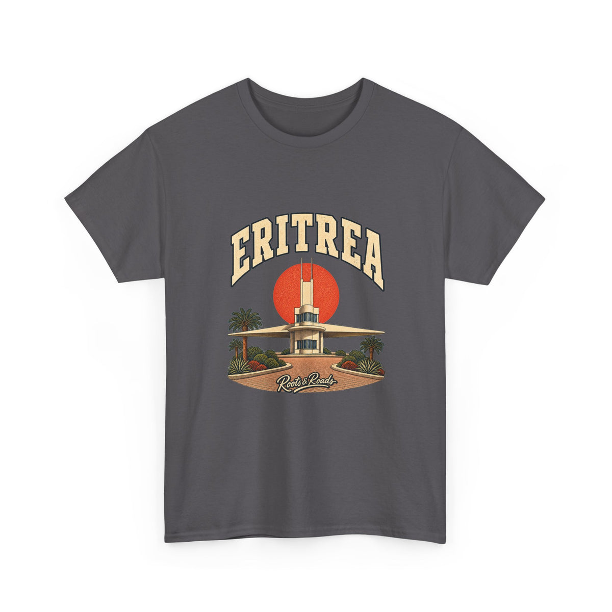 Front view of a Charcoal Gildan 5000 Eritrea T-shirt with cream collegiate lettering, rust sun, Asmara-inspired winged architecture, palms and Roots & Roads script.