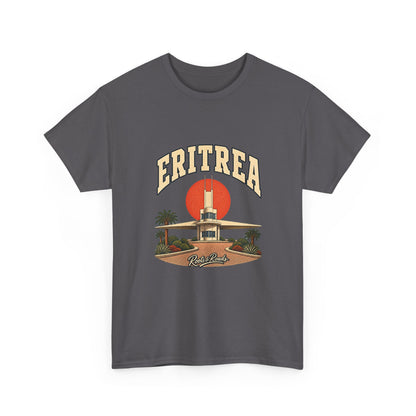 Front view of a Charcoal Gildan 5000 Eritrea T-shirt with cream collegiate lettering, rust sun, Asmara-inspired winged architecture, palms and Roots & Roads script.