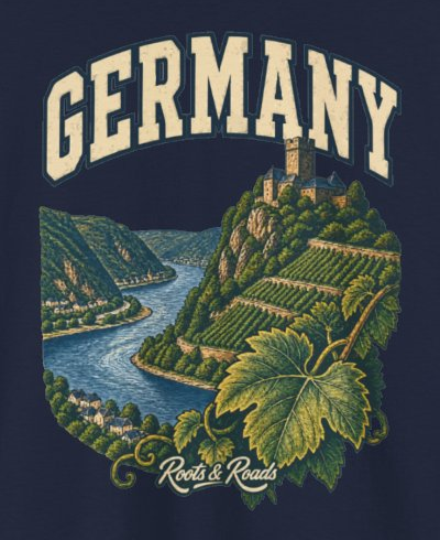 Print detail cropped from the Navy Germany supplier T-shirt mockup, showing cream country lettering, hilltop castle, river bend, vineyard terraces, foreground vine leaf and Roots & Roads script.