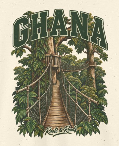 Print detail cropped from the Natural Ghana supplier T-shirt mockup, showing green country lettering, suspended canopy walkway, tall rainforest trees, bridge rails, layered foliage and Roots & Roads script.