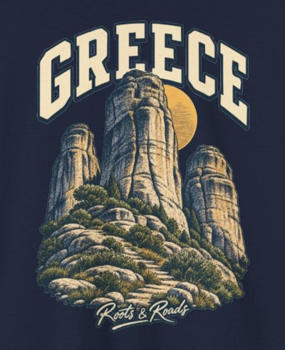 Print detail cropped from the Navy Greece supplier T-shirt mockup, showing cream country lettering, rounded sandstone towers, ochre disc, rocky foreground, low shrubs and Roots & Roads script.