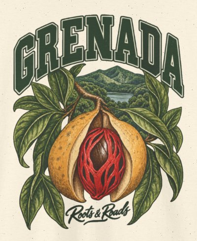 Print detail on the Natural Grenada supplier T-shirt mockup: country lettering, opened nutmeg fruit, red mace, leaves and a mountain lake, and Roots & Roads script.