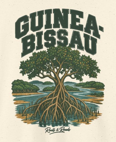 Print detail on the Natural Guinea-Bissau supplier T-shirt mockup: country lettering, a mangrove tree, exposed roots and tidal water, and Roots & Roads script.