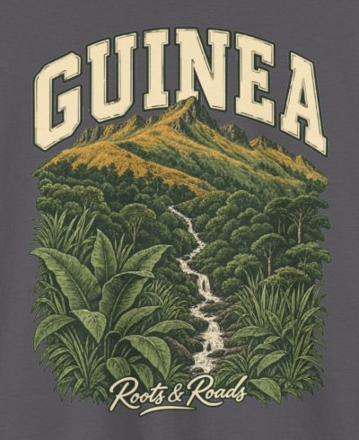 Print detail cropped from the Charcoal Guinea supplier T-shirt mockup, showing cream country lettering, mountain ridge, golden highland slopes, dense lower forest, narrow stream and broad leaves and Roots & Roads script.