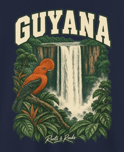 Print detail on the Navy Guyana supplier T-shirt mockup: country lettering, an orange bird, a broad waterfall and rainforest leaves, and Roots & Roads script.