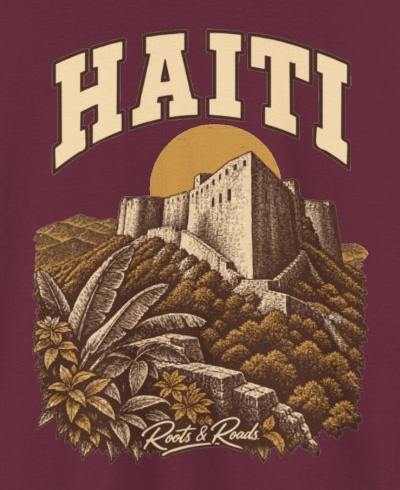 Print detail on the Maroon Haiti supplier T-shirt mockup: country lettering, a stone fortress, an ochre sun disc and layered hills, and Roots & Roads script.