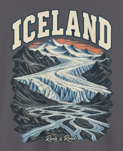 Print detail on the Charcoal Iceland supplier T-shirt mockup: country lettering, a glacier, dark ridges, braided meltwater and a coral horizon, and Roots & Roads script.