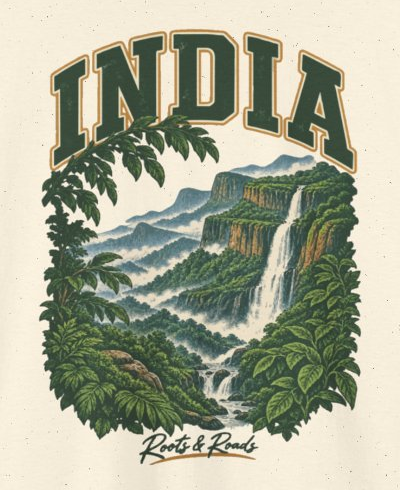 Print detail on the Natural India supplier T-shirt mockup: country lettering, a waterfall, stepped green cliffs, mist and evergreen leaves, and Roots & Roads script.