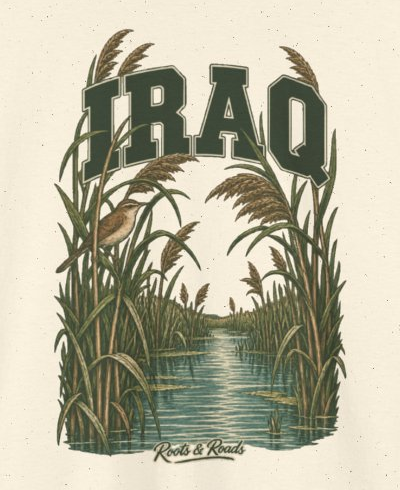 Print detail on the Natural Iraq supplier T-shirt mockup: country lettering, a small bird, tall reeds and a quiet marsh channel, and Roots & Roads script.