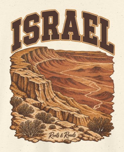 Print detail on the Natural Israel supplier T-shirt mockup: country lettering, layered ochre cliffs, dry channels and desert shrubs, and Roots & Roads script.