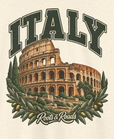 Print detail on the Natural Italy supplier T-shirt mockup: country lettering, the Colosseum, stone ruins, cypresses and olive branches, and Roots & Roads script.