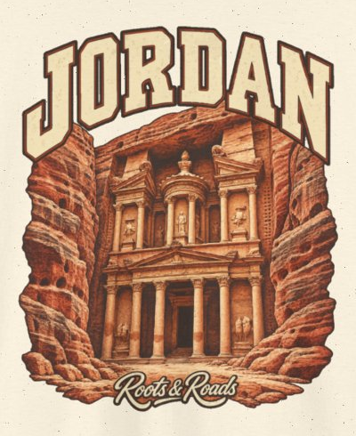 Print detail on the Natural Jordan supplier T-shirt mockup: country lettering, a rock-cut stone facade and warm sandstone walls, and Roots & Roads script.
