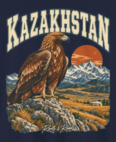 Print detail on the Navy Kazakhstan supplier T-shirt mockup: country lettering, a golden-brown eagle, snowy mountains, ochre steppe and a small yurt, and Roots & Roads script.