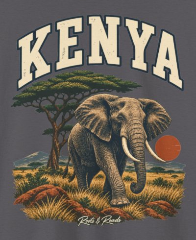 Print detail on the Charcoal Kenya supplier T-shirt mockup: country lettering, an elephant, an acacia canopy, grassland and a rust-coloured sun, and Roots & Roads script.