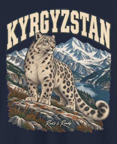 Print detail on the Navy Kyrgyzstan supplier T-shirt mockup: country lettering, a snow leopard on a rocky ledge, a mountain lake and snowy peaks, and Roots & Roads script.