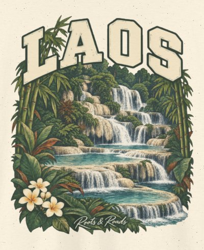 Print detail on the Natural Laos supplier T-shirt mockup: country lettering, tiered turquoise waterfalls, bamboo, broad leaves and pale flowers, and Roots & Roads script.