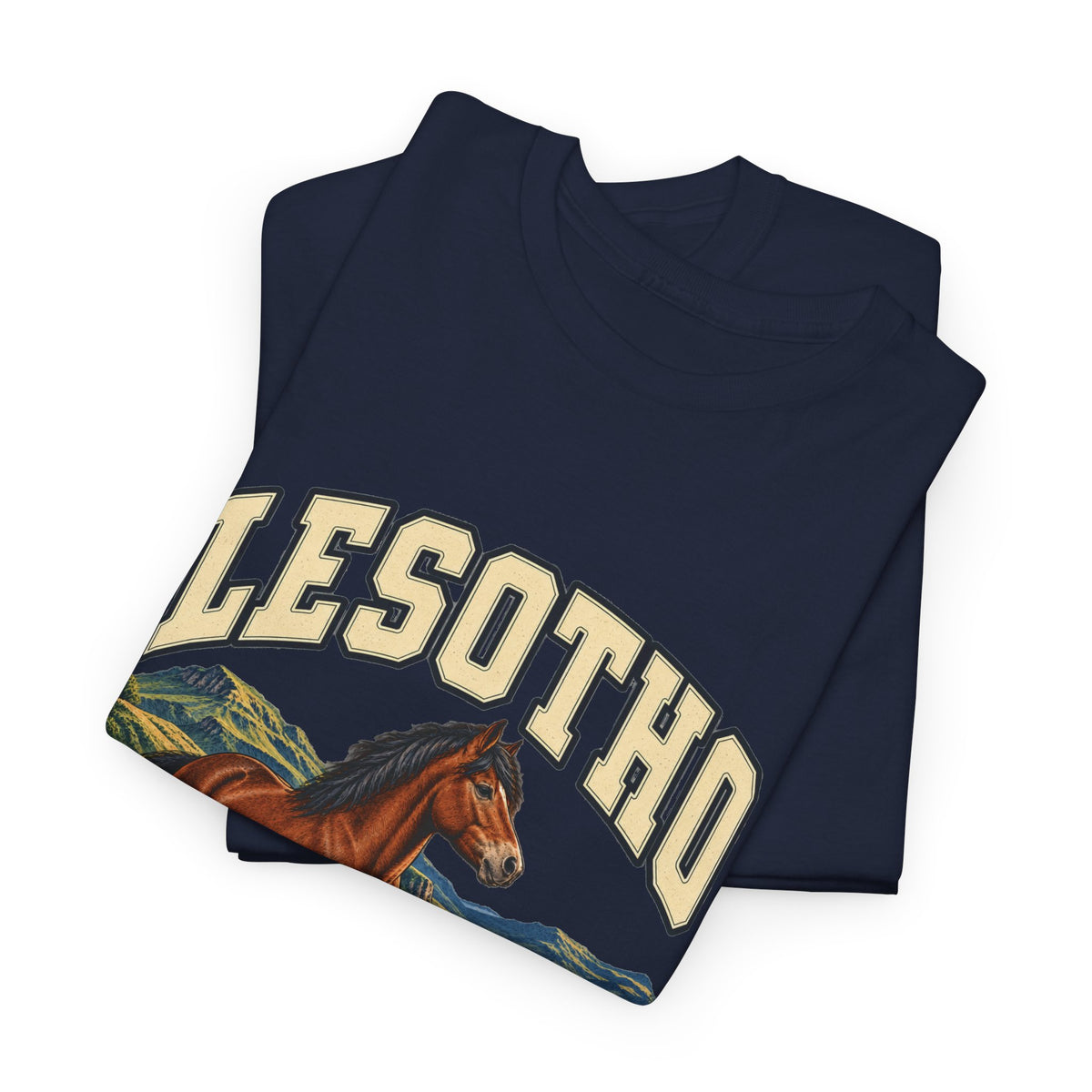 Folded navy Lesotho Fresh Prints T-shirt showing the cream lettering and horse artwork