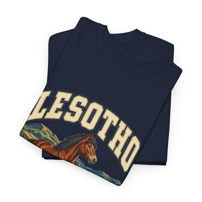 Folded navy Lesotho Fresh Prints T-shirt showing the cream lettering and horse artwork