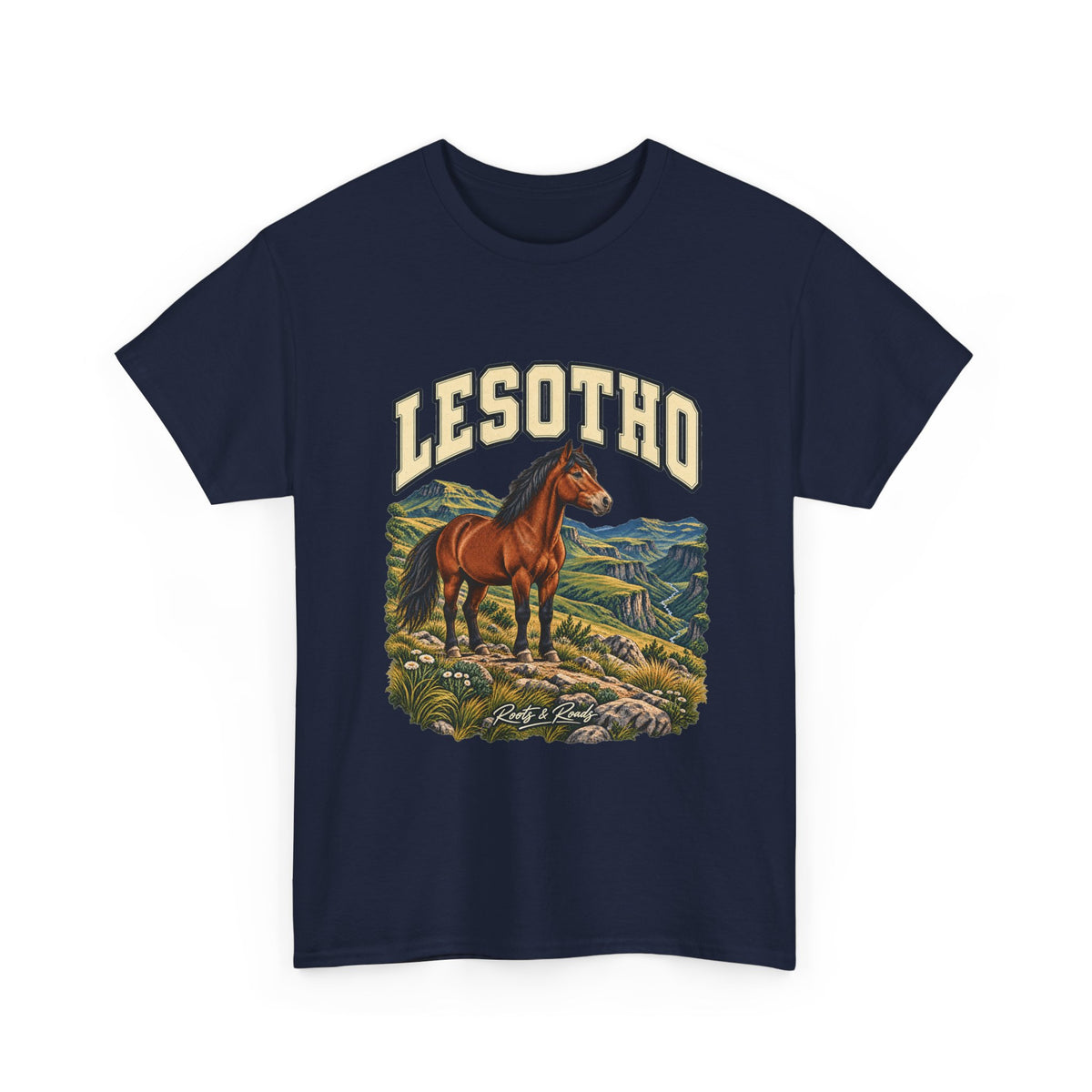 Front of a navy Gildan 5000 Lesotho Fresh Prints T-shirt with cream lettering, horse and highland landscape