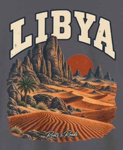 Print detail on the Charcoal Libya supplier T-shirt mockup: country lettering, sandstone spires, wind-shaped dunes, a lone palm and a rust-coloured sun, and Roots & Roads script.