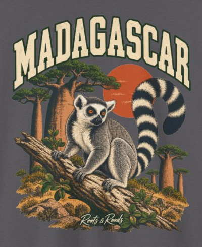 Print detail on the Charcoal Madagascar supplier T-shirt mockup: country lettering, a ring-tailed lemur, a branch, baobab trees and a rust-coloured sun, and Roots & Roads script.