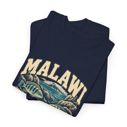 Folded Navy Malawi Fresh Prints T-shirt showing its original country artwork.