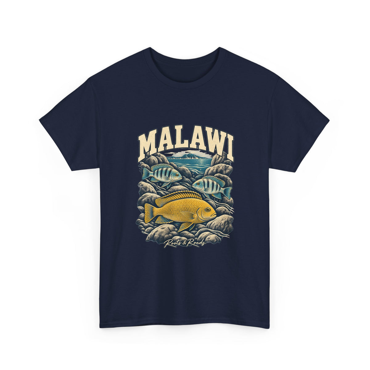 Front view of a Navy Gildan 5000 T-shirt with MALAWI lettering, three blue-and-gold fish, lake water and rounded rocks, and Roots & Roads script.