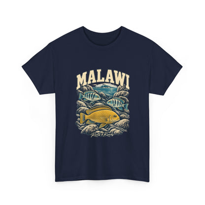 Front view of a Navy Gildan 5000 T-shirt with MALAWI lettering, three blue-and-gold fish, lake water and rounded rocks, and Roots & Roads script.