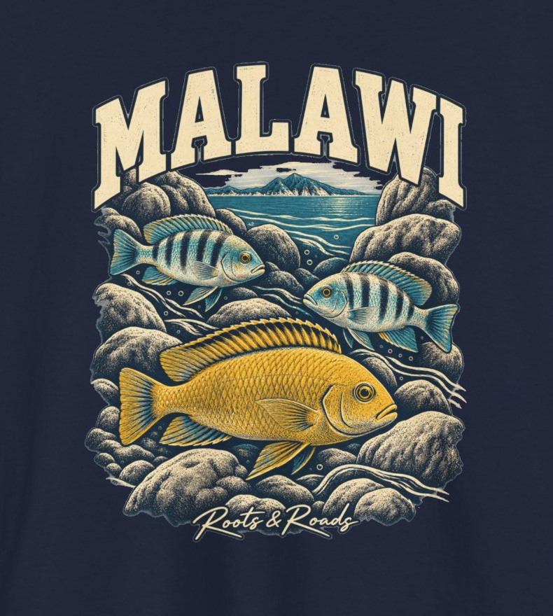 Print detail of the original Malawi artwork on the Navy supplier T-shirt mockup.