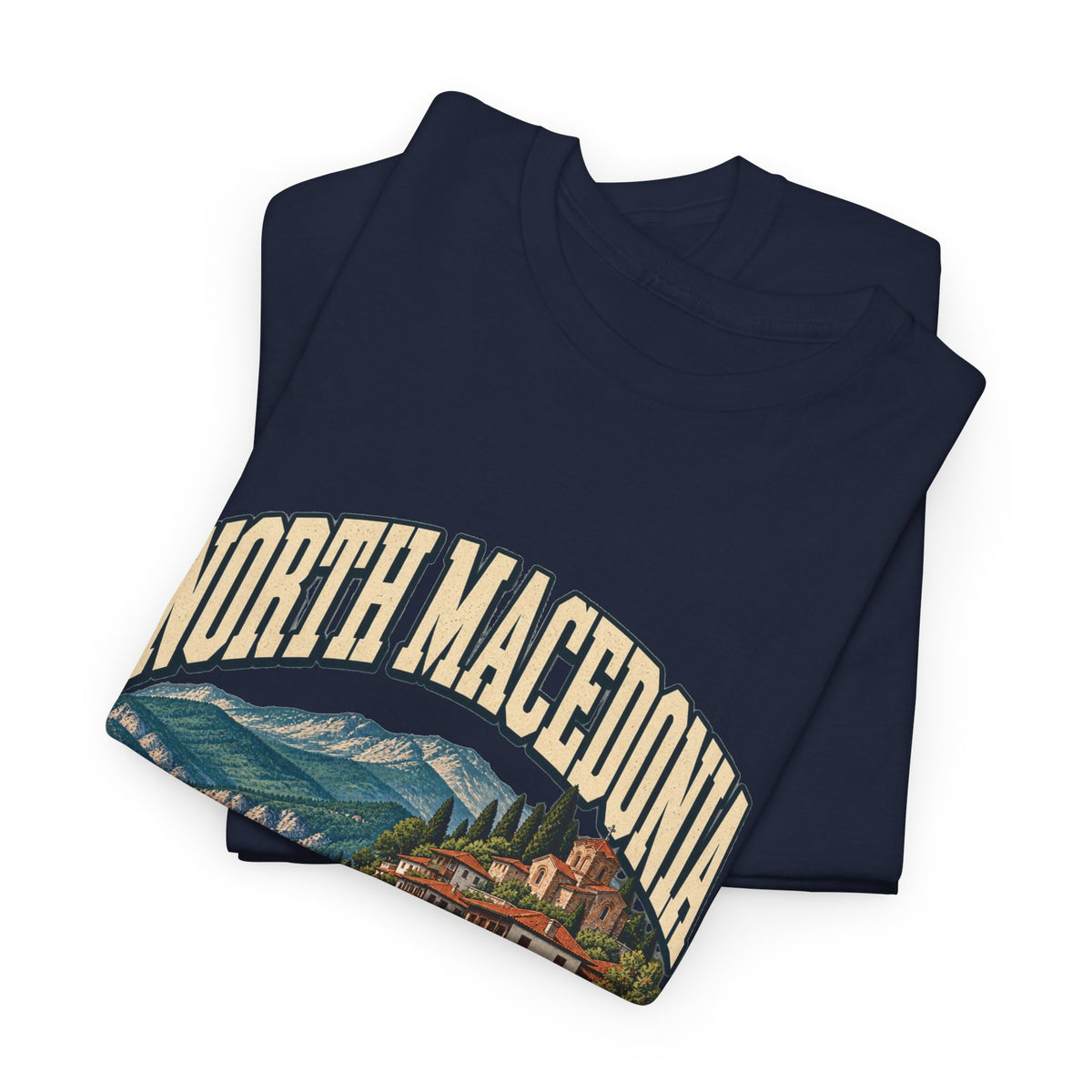 Folded Navy North Macedonia Fresh Prints T-shirt showing its original country artwork.