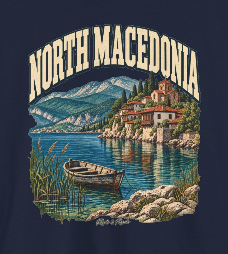 Print detail of the original North Macedonia artwork on the Navy supplier T-shirt mockup.