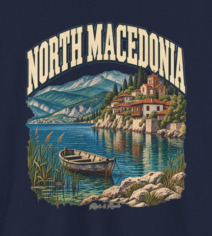 Print detail of the original North Macedonia artwork on the Navy supplier T-shirt mockup.