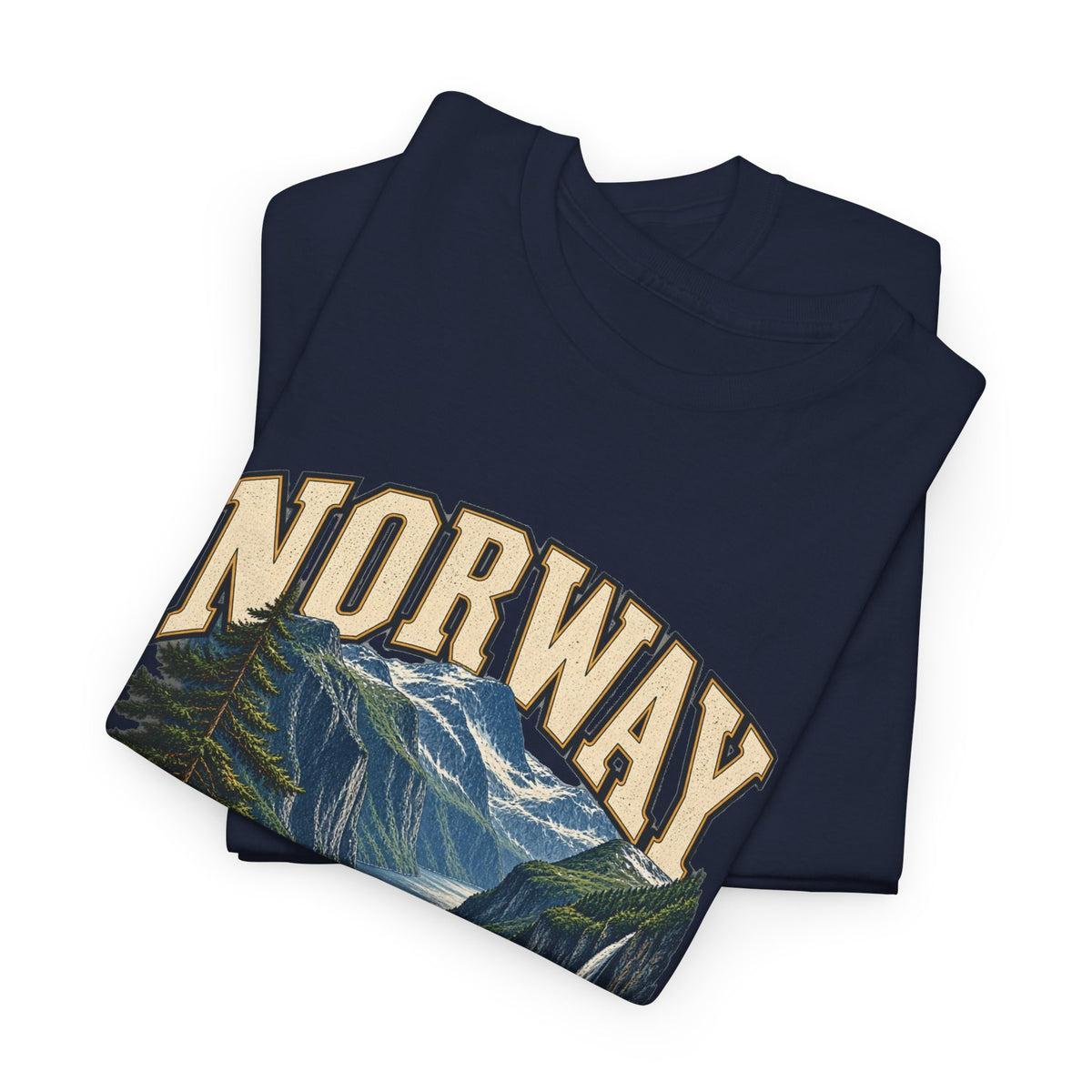 Folded navy Norway Fresh Prints T-shirt showing cream country lettering and the snowy mountain and fjord design.