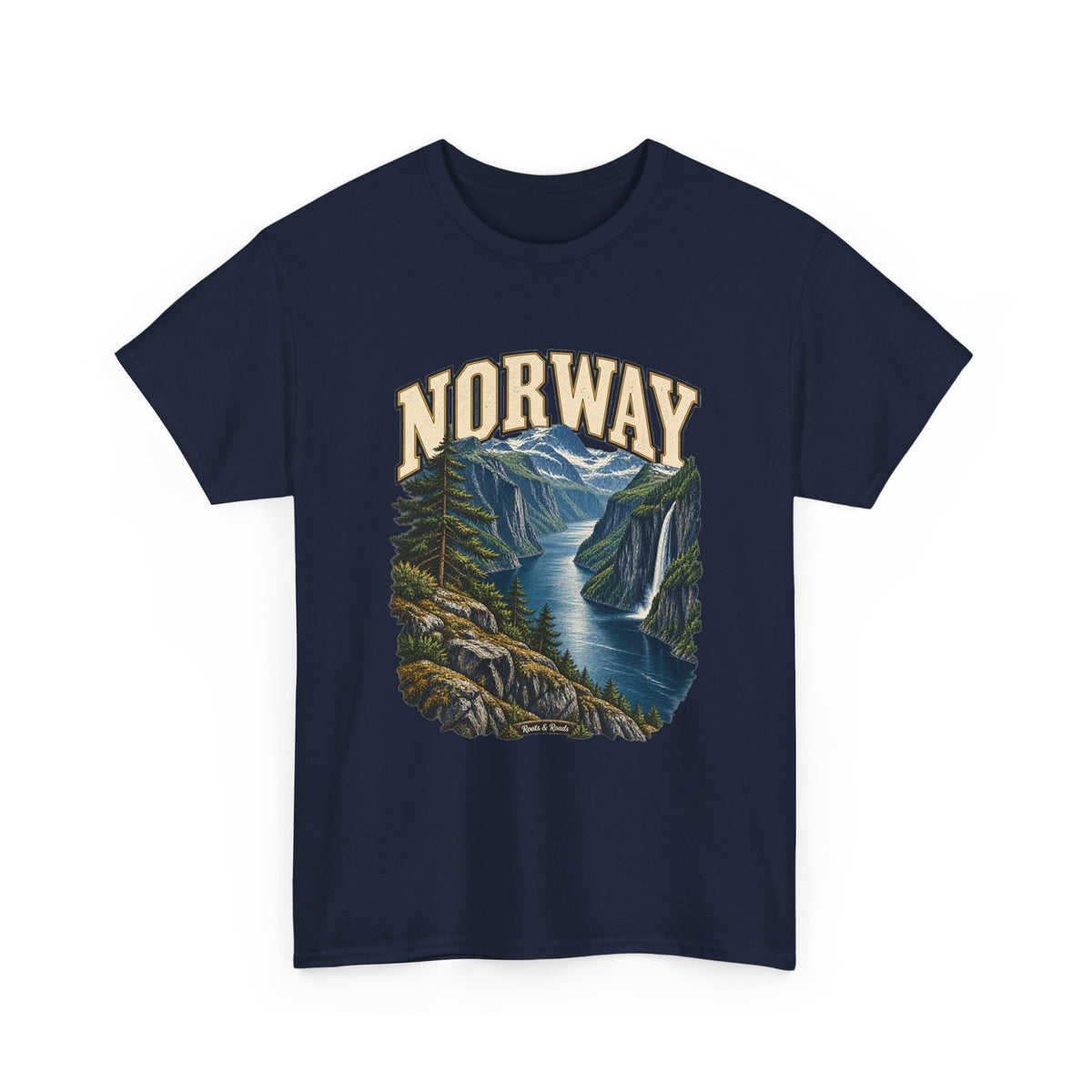 Front view of a navy Gildan 5000 Norway T-shirt with cream NORWAY lettering, a blue fjord, waterfall, snowy mountains, pines and a small Roots & Roads plaque.