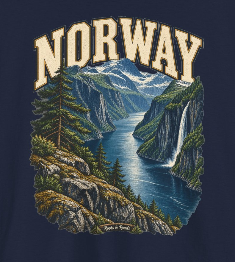 Print detail of NORWAY lettering above a blue fjord, steep cliffs, waterfall, snowy mountains, pines and original Roots & Roads plaque on navy.
