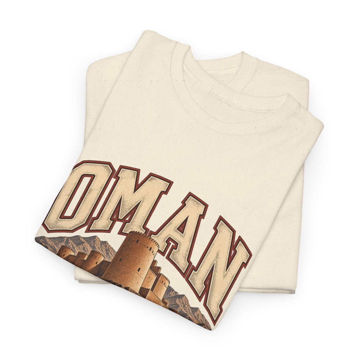 Folded Natural Oman Fresh Prints T-shirt showing outlined country lettering and the original sandy fortress design.