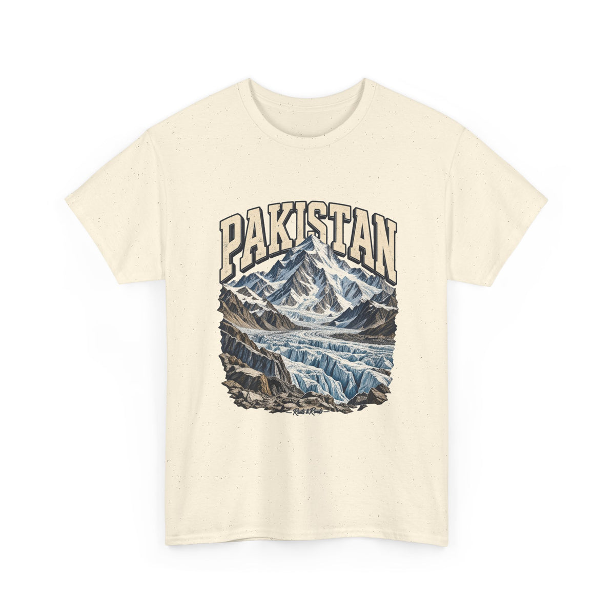 Front view of a Natural Gildan 5000 Pakistan T-shirt with cream PAKISTAN lettering, snowy peaks, glacier, rocky landscape and dark Roots & Roads script.