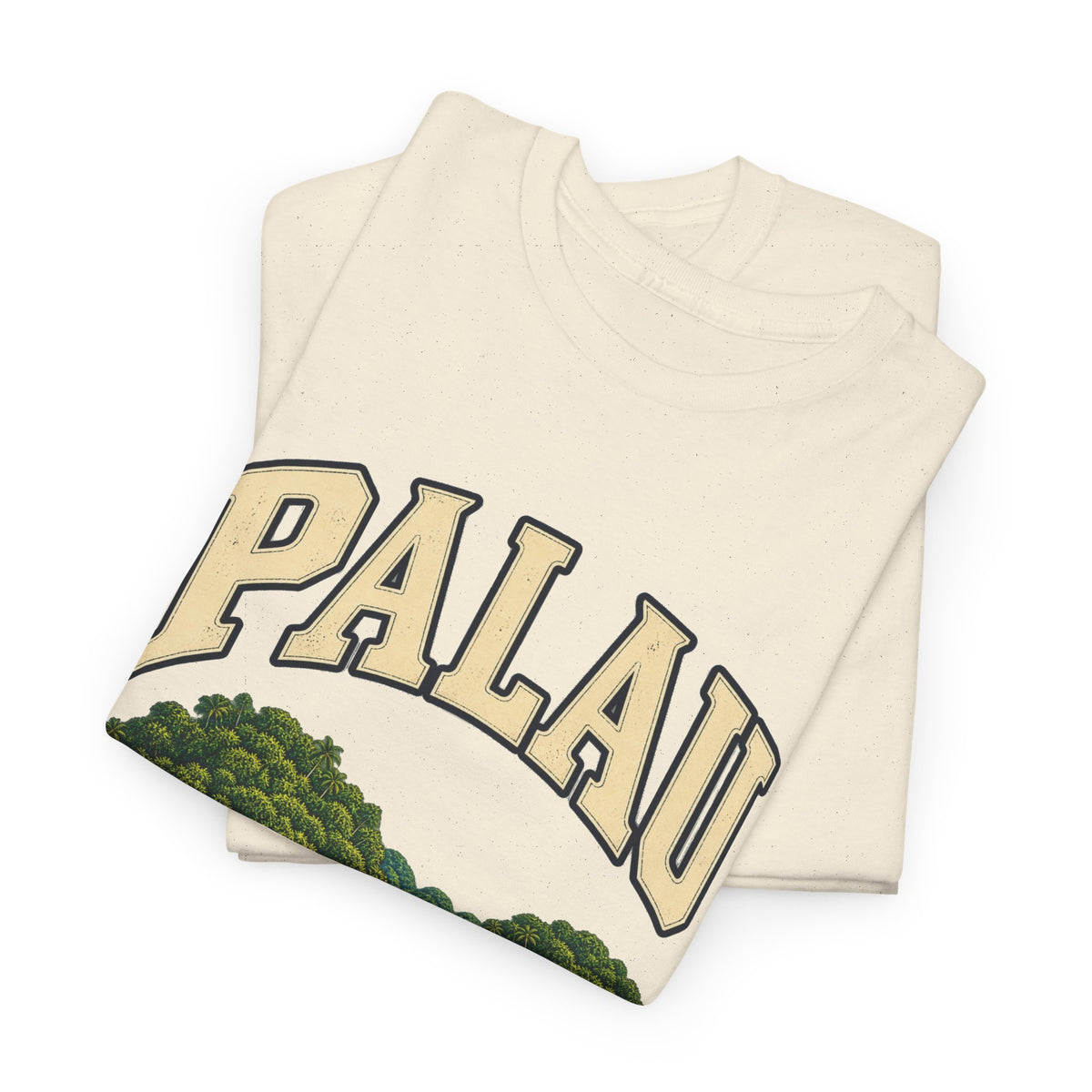 Folded Natural Palau Fresh Prints T-shirt showing outlined cream PALAU lettering and the forested island design.