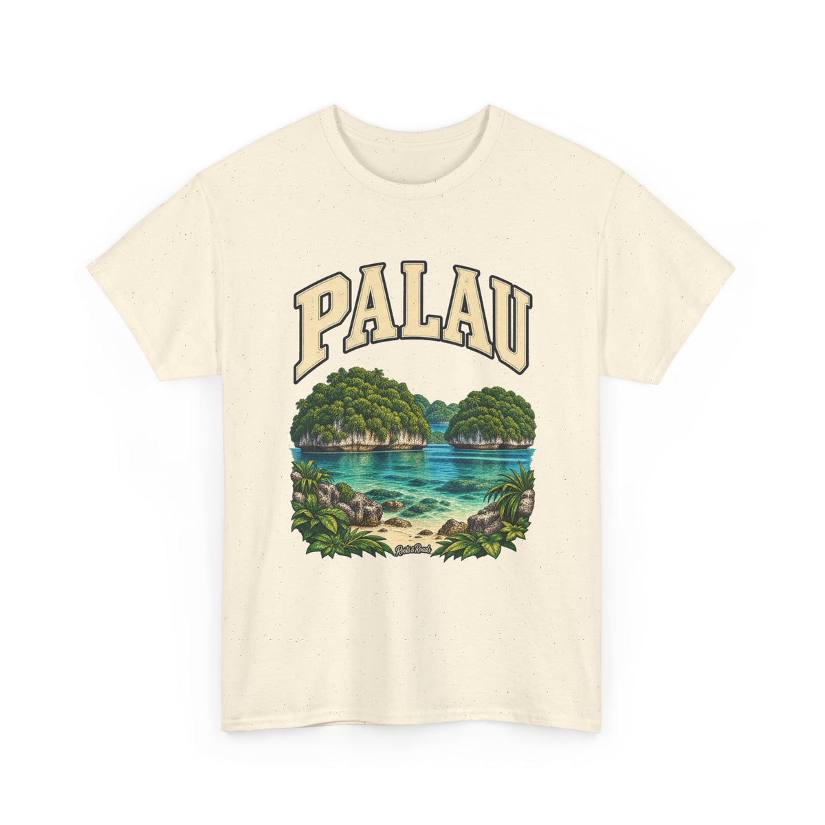 Front view of a Natural Gildan 5000 Palau T-shirt with outlined PALAU lettering, forested limestone islands, turquoise lagoon, shoreline plants and Roots & Roads script.