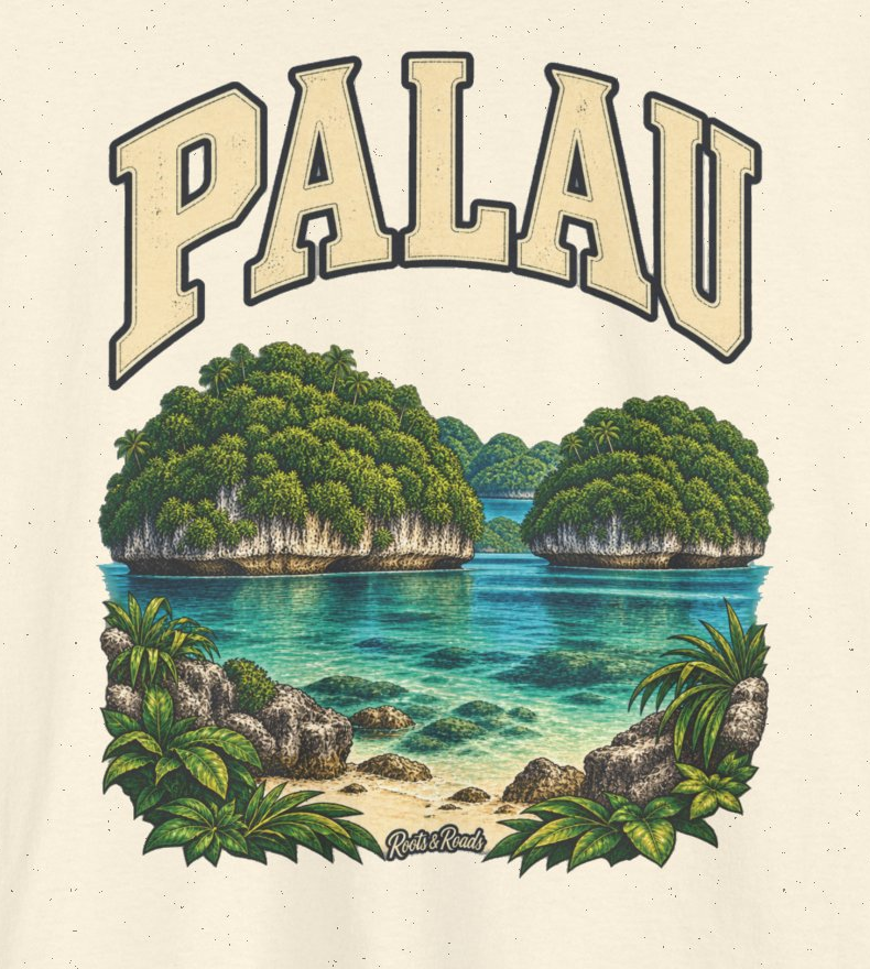 Print detail of PALAU lettering above green limestone islands, a turquoise lagoon, shoreline foliage and the original outlined Roots & Roads script on Natural cotton.
