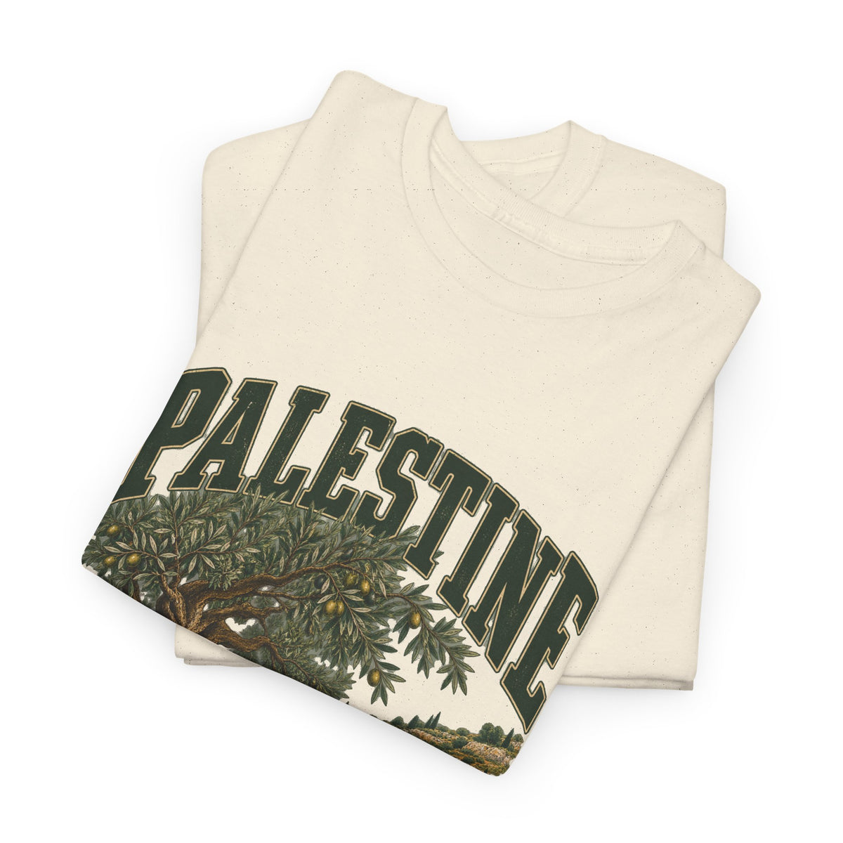 Folded Natural Palestine Fresh Prints T-shirt showing dark green country lettering and olive branches from the original landscape design.