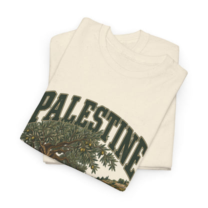 Folded Natural Palestine Fresh Prints T-shirt showing dark green country lettering and olive branches from the original landscape design.
