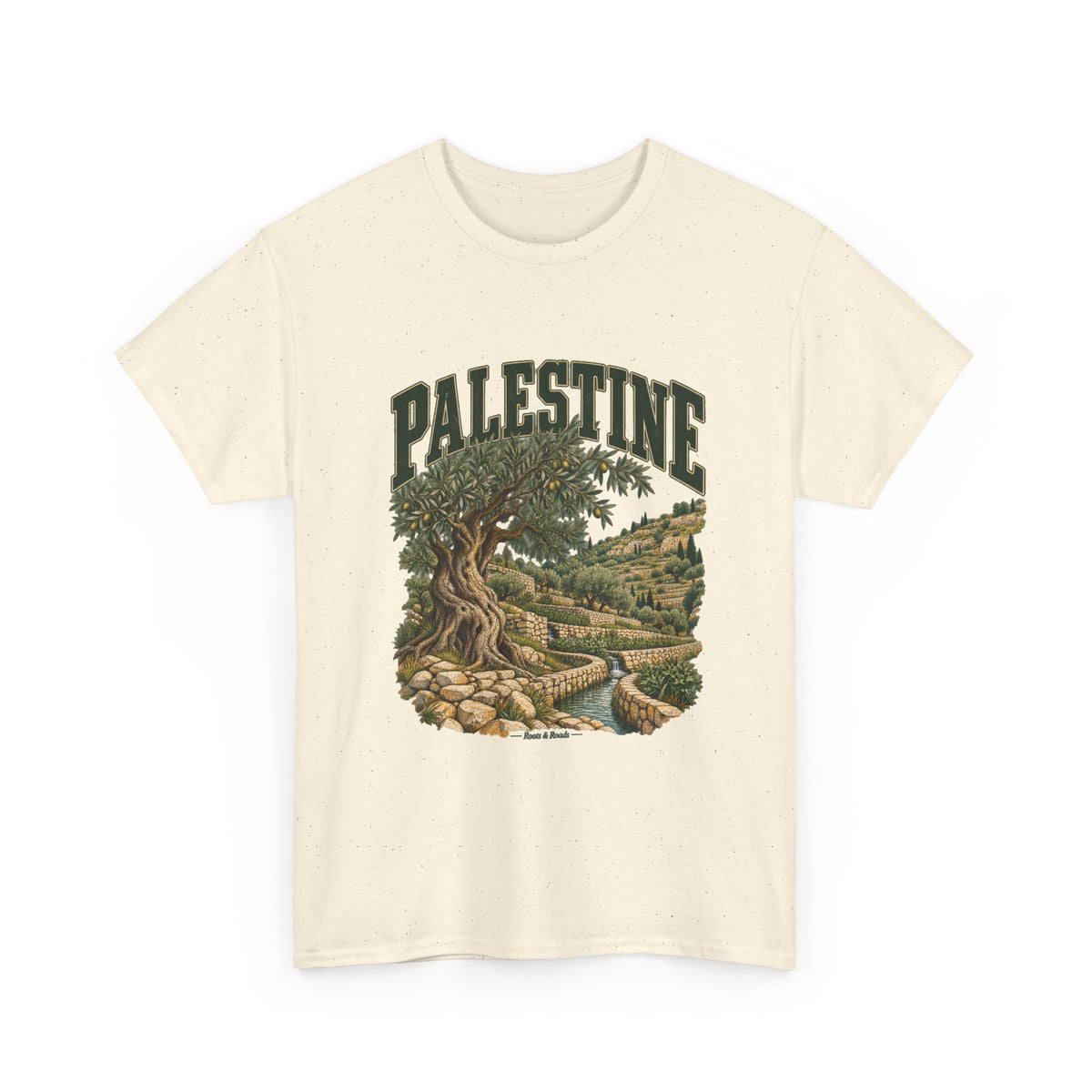 Front view of a Natural Gildan 5000 Palestine T-shirt with green PALESTINE lettering, olive tree, stone terraces, water channel and Roots & Roads signature.
